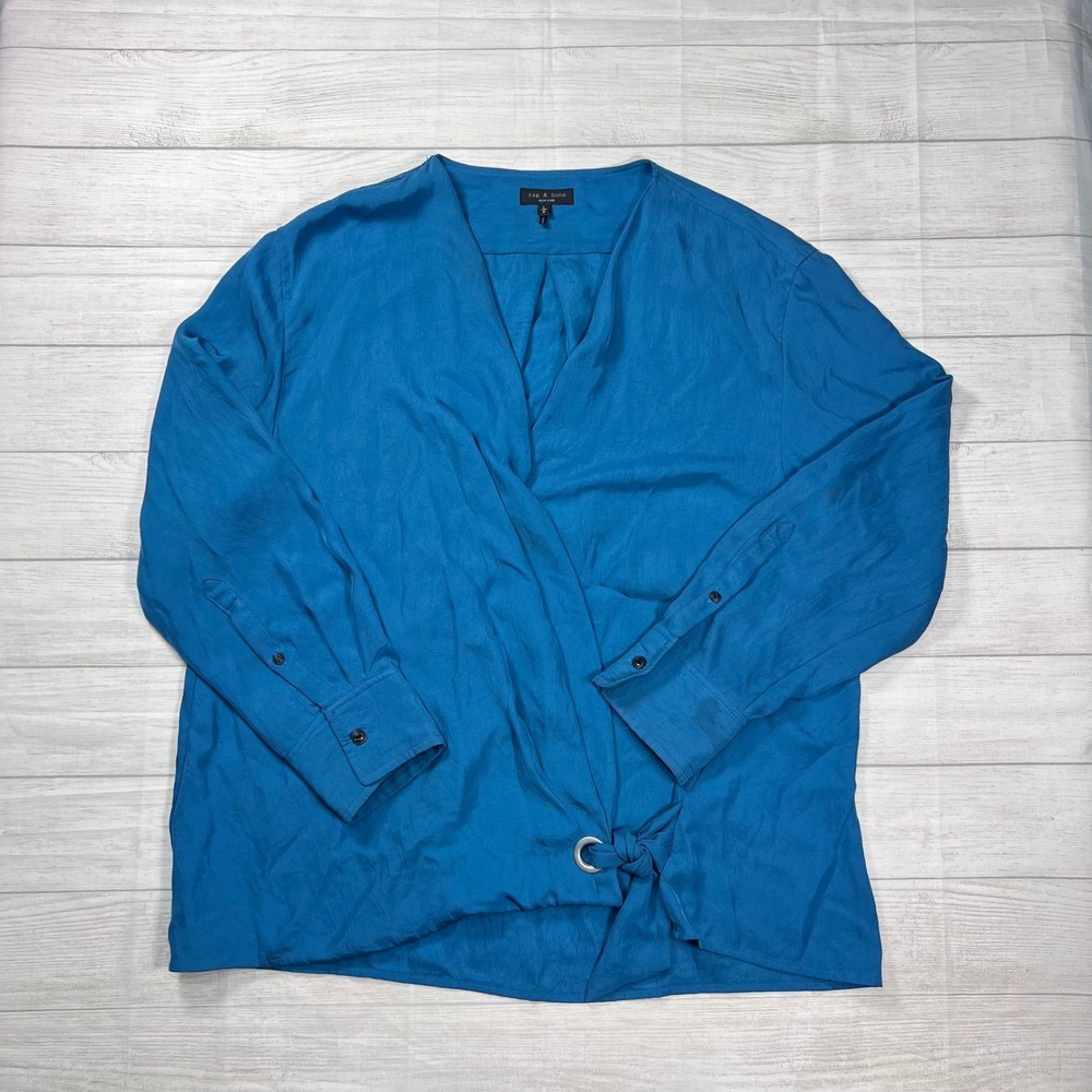 Rag & Bone Felix Popover blouse V-Neck Wrap Large‎ Blue Grommet Tie Long Sleeve